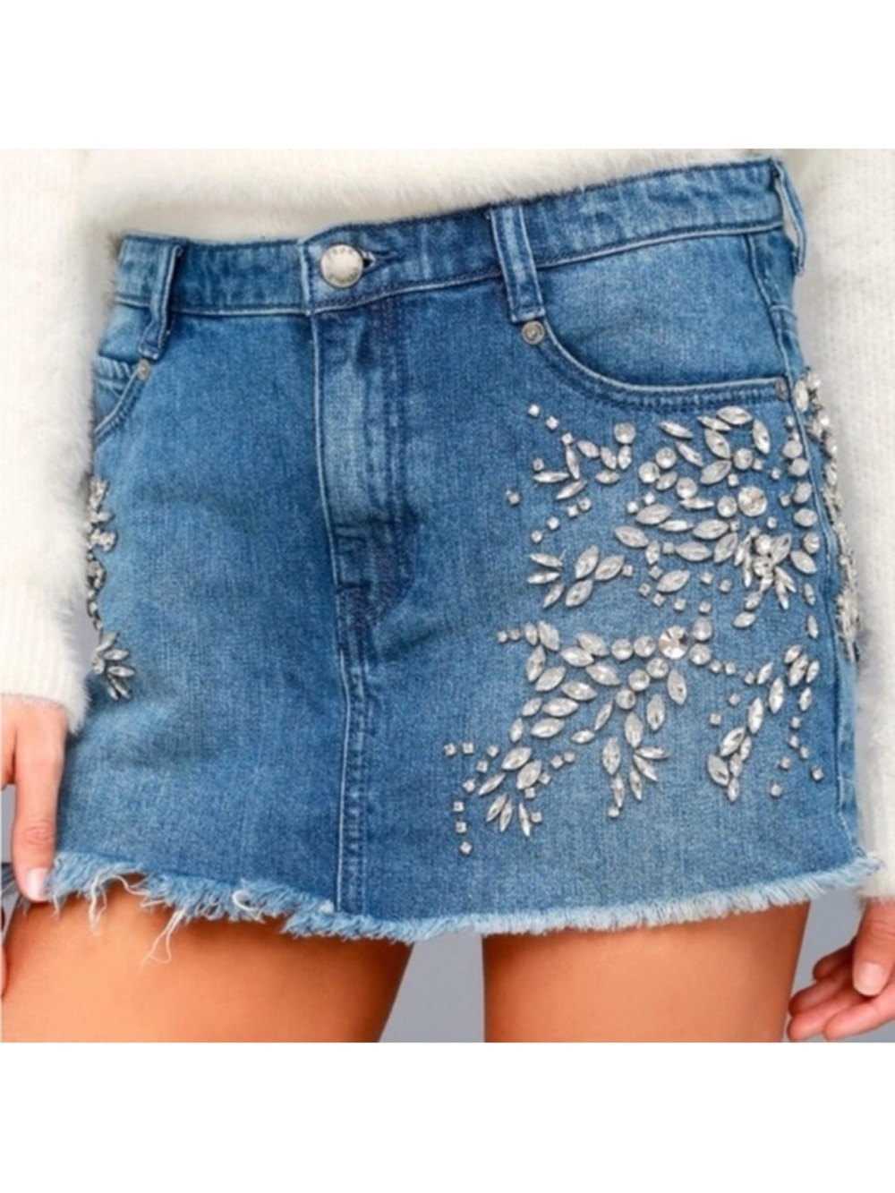 Free People Studded Rhinestone Denim Jean Mini Skirt 0